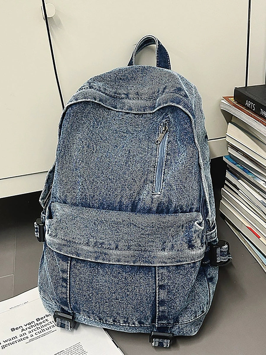 Women Pure Color Denim Large Capacity Backpack