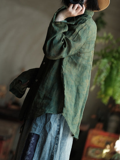 Women Vintage Tie-dye Ramie Turn-down Collar Shirt