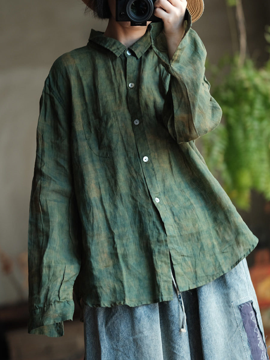 Women Vintage Tie-dye Ramie Turn-down Collar Shirt