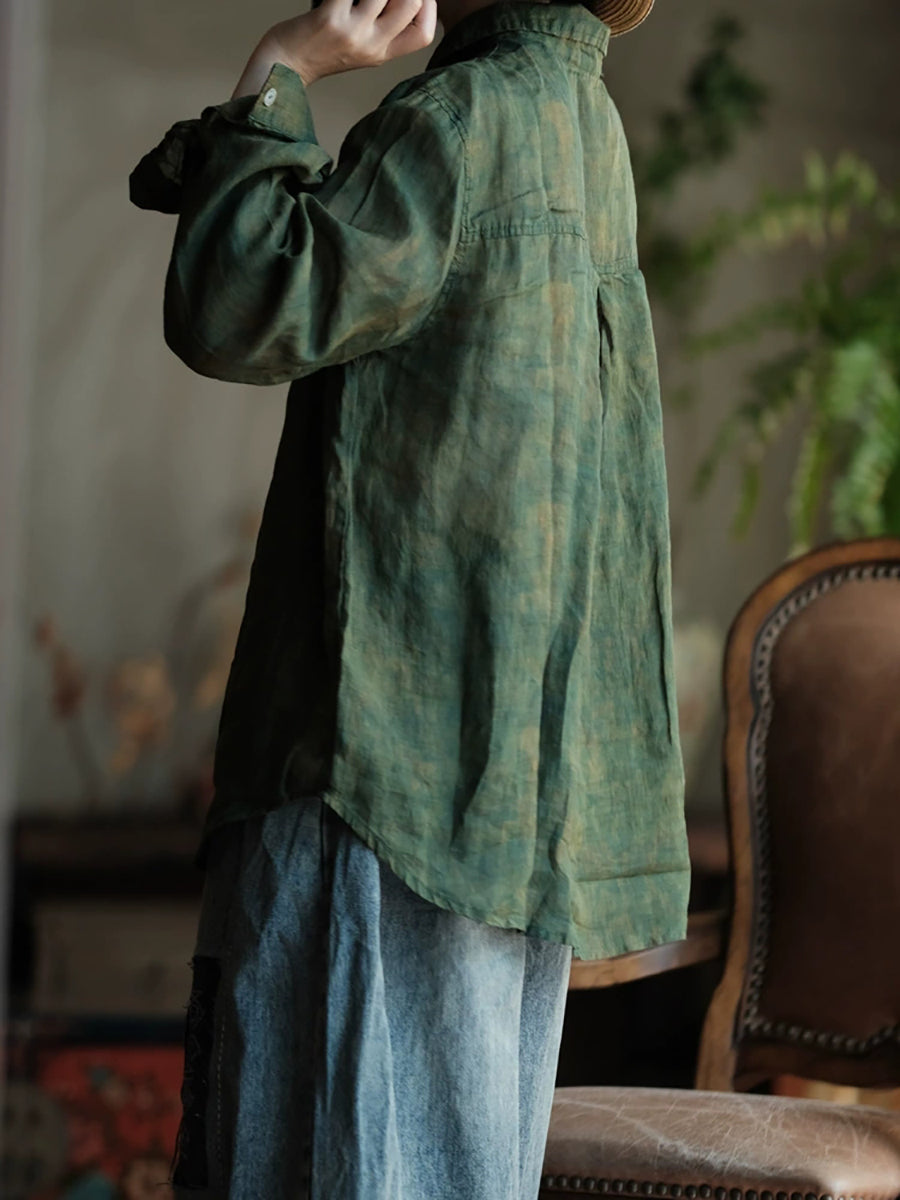 Women Vintage Tie-dye Ramie Turn-down Collar Shirt