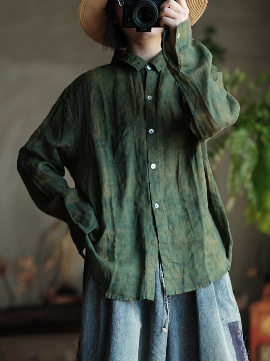 Women Vintage Tie-dye Ramie Turn-down Collar Shirt