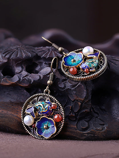 Ethnic S925Silver Pearl Cloisonne Agate Earrings
