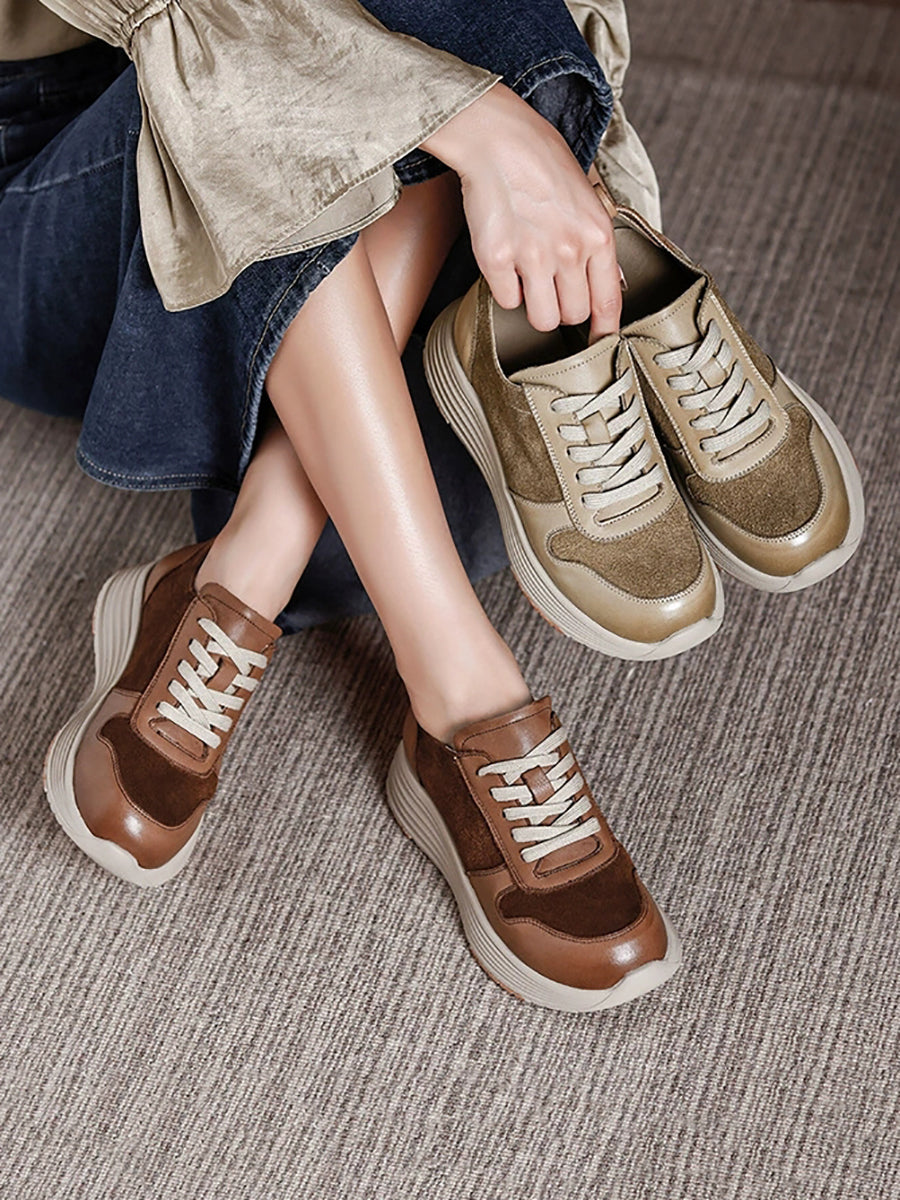 Women Autumn Colorblock Leather Flat Sport Shoes