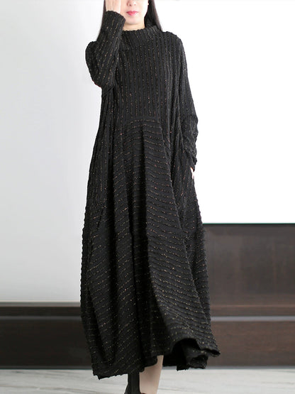 Plus Size Women Autumn Artsy Stripe O-Neck Maxi Dress