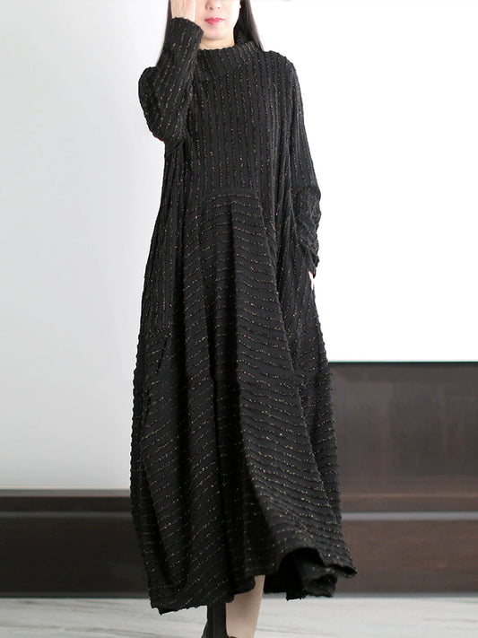 Plus Size Women Autumn Artsy Stripe O-Neck Maxi Dress