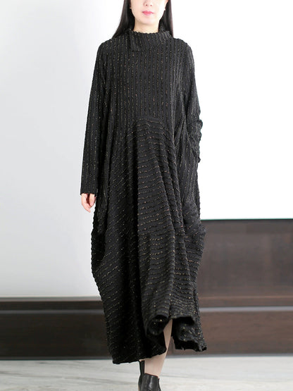 Plus Size Women Autumn Artsy Stripe O-Neck Maxi Dress