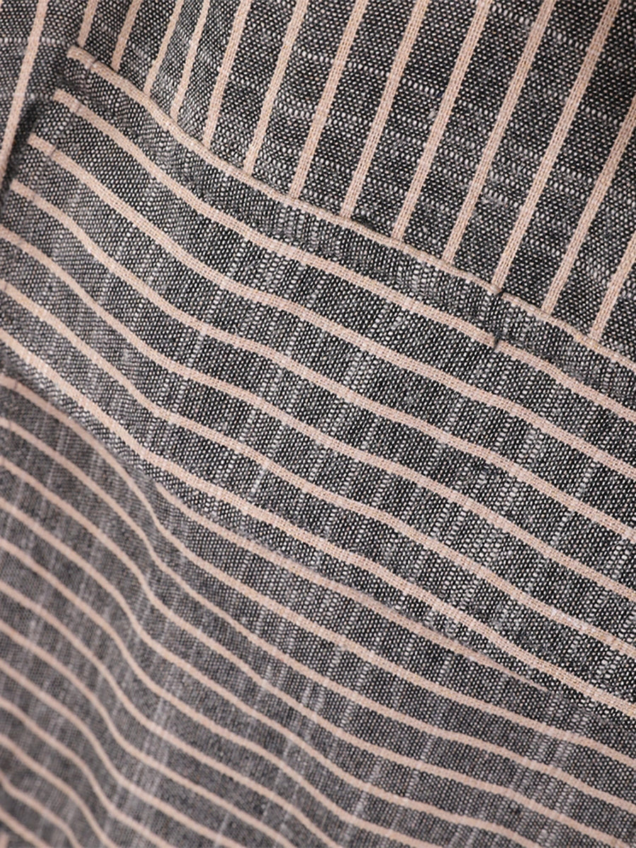 Plus Size Women Autumn Stripe Turn-down Collar Cotton Dress