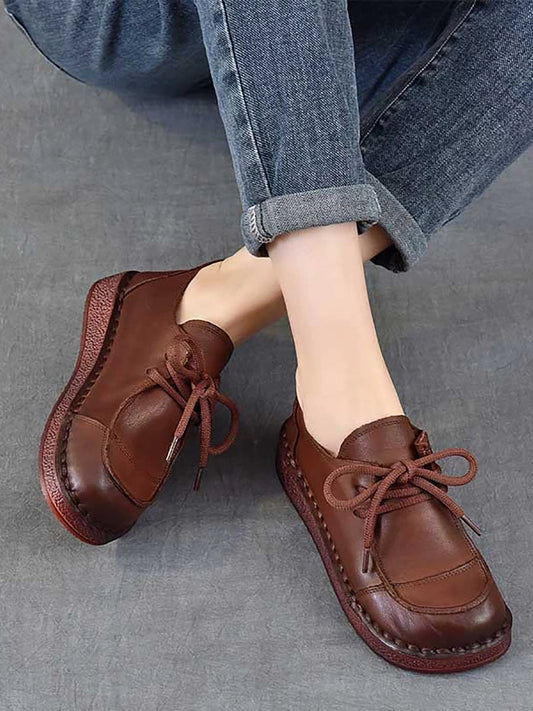 Women Autumn Vintage Soft Leather Mid Heel Shoes