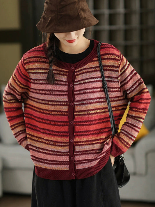 Women Autumn Casual Colorblock Stripe O-Neck Sweater