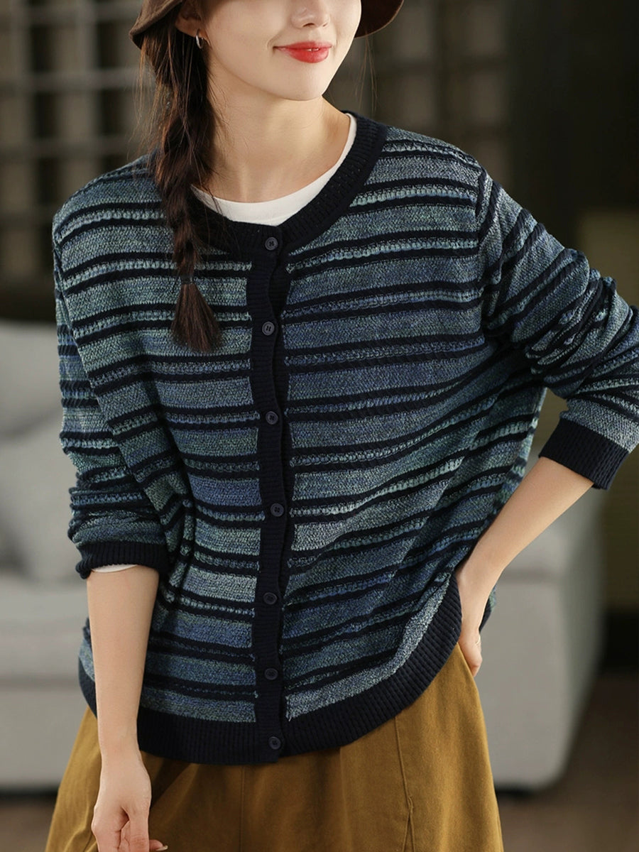 Women Autumn Casual Colorblock Stripe O-Neck Sweater