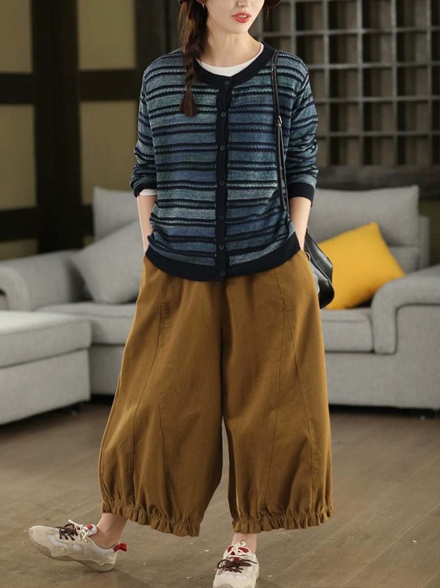 Women Autumn Casual Colorblock Stripe O-Neck Sweater