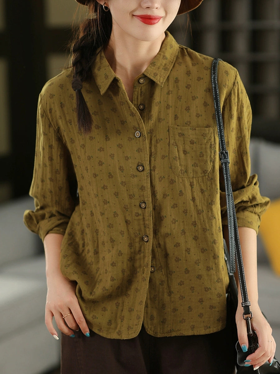 Women Autumn Vintage Floral 100%Cotton Turn-down Collar Shirt