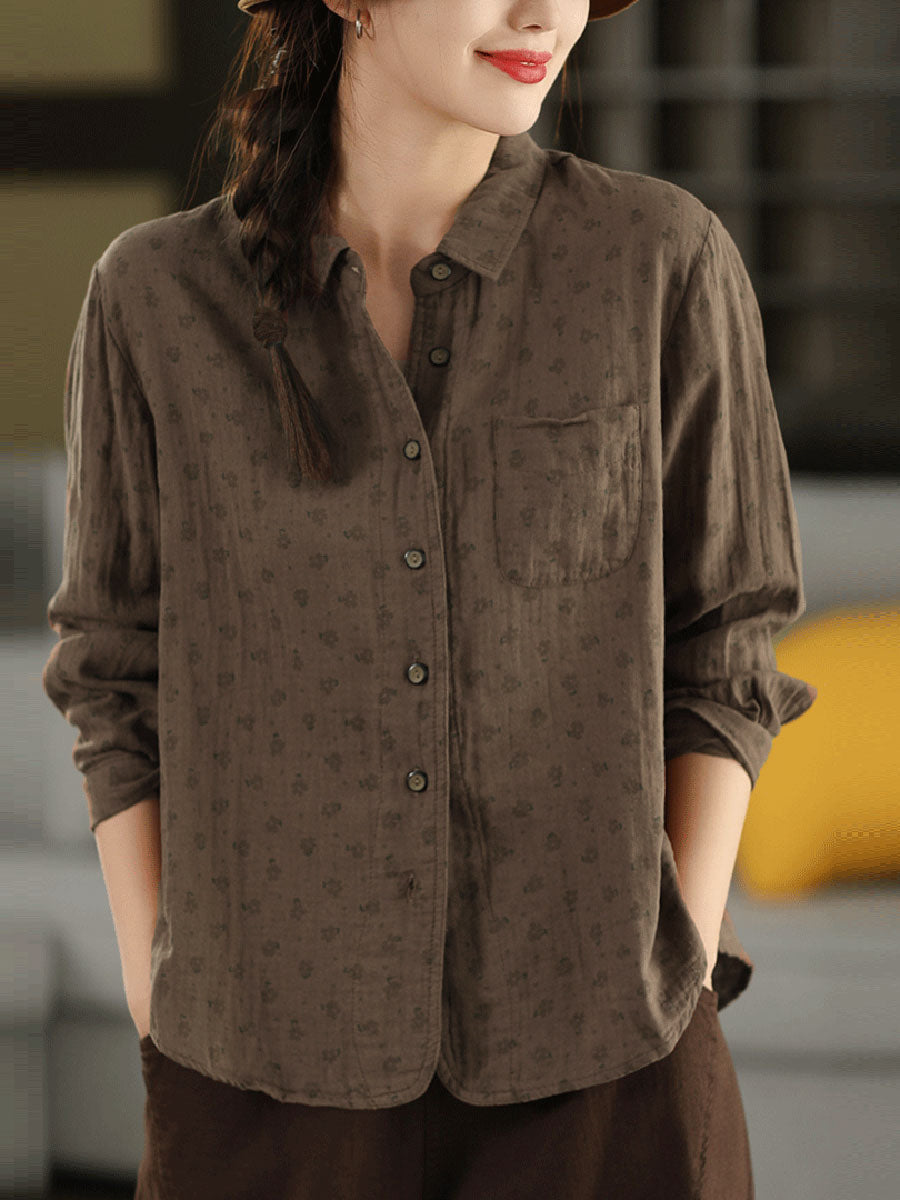 Women Autumn Vintage Floral 100%Cotton Turn-down Collar Shirt