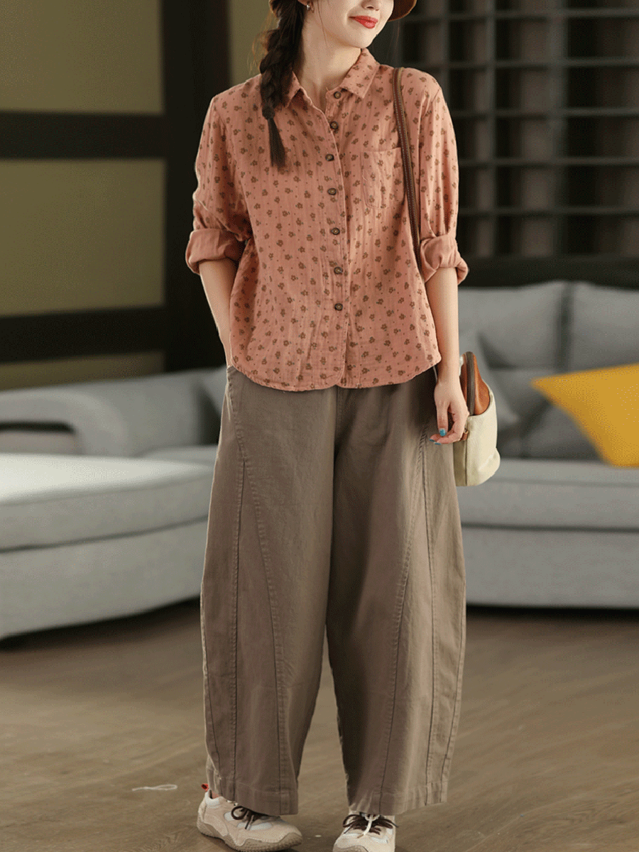 Women Autumn Vintage Floral 100%Cotton Turn-down Collar Shirt