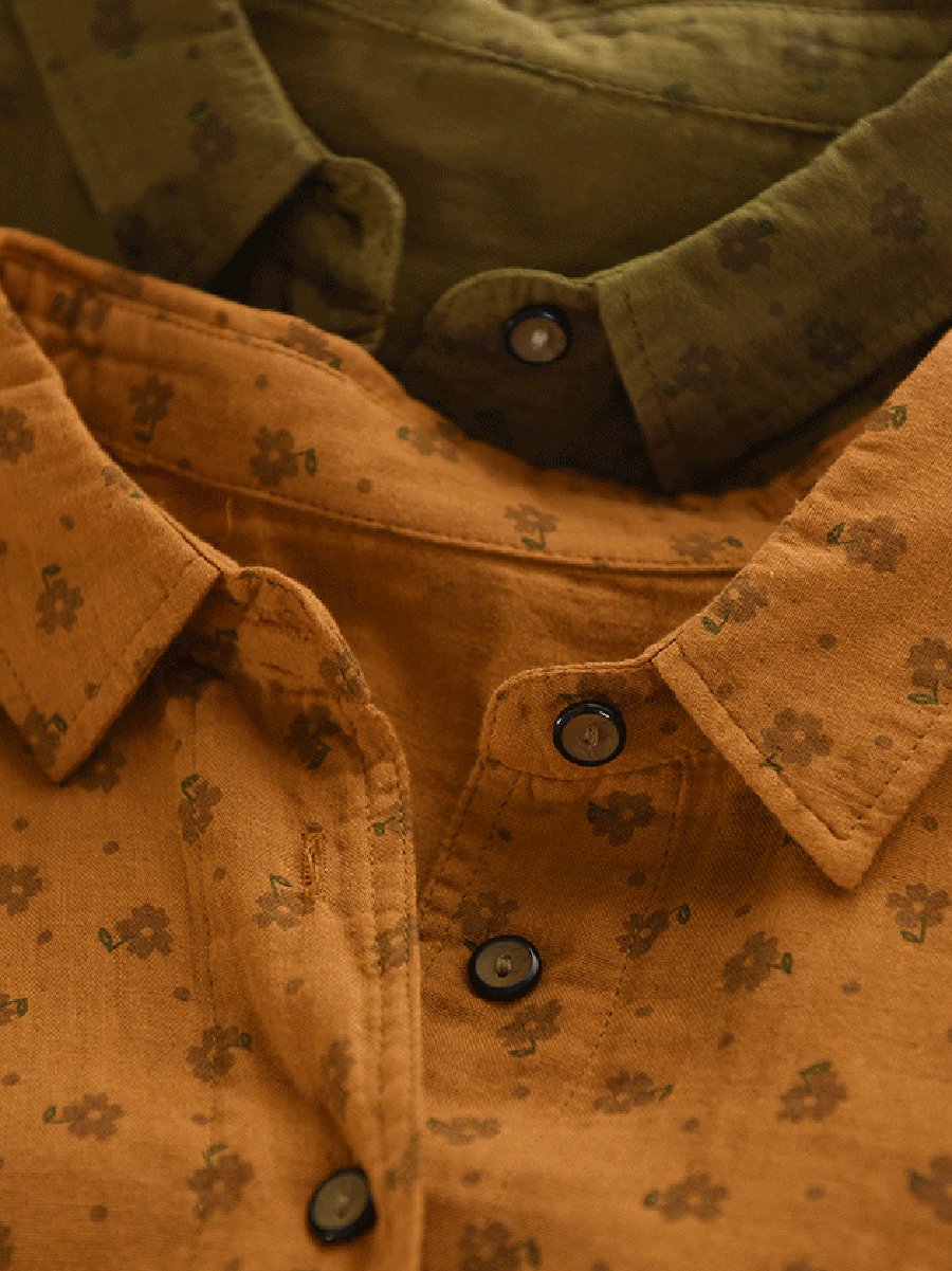 Women Autumn Vintage Floral 100%Cotton Turn-down Collar Shirt