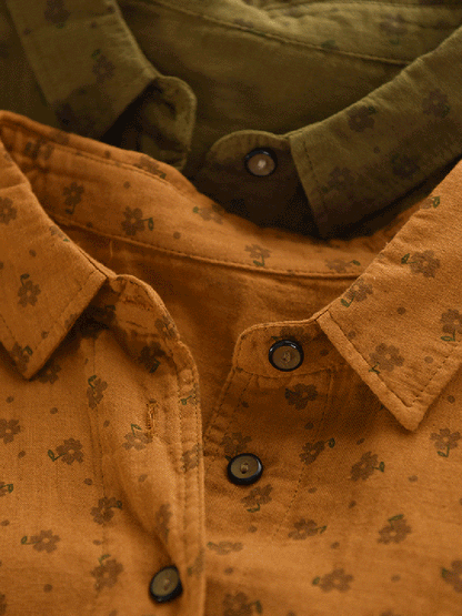 Women Autumn Vintage Floral 100%Cotton Turn-down Collar Shirt