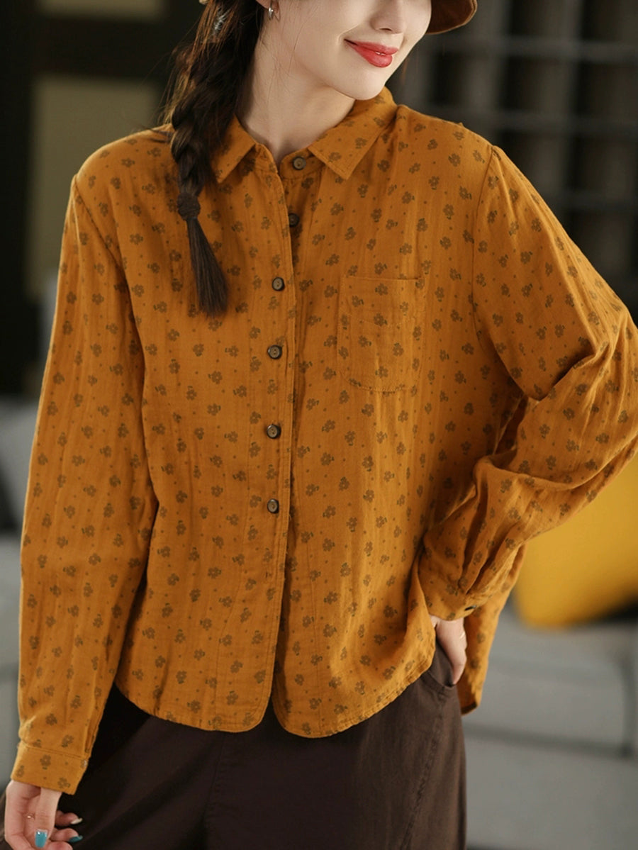 Women Autumn Vintage Floral 100%Cotton Turn-down Collar Shirt