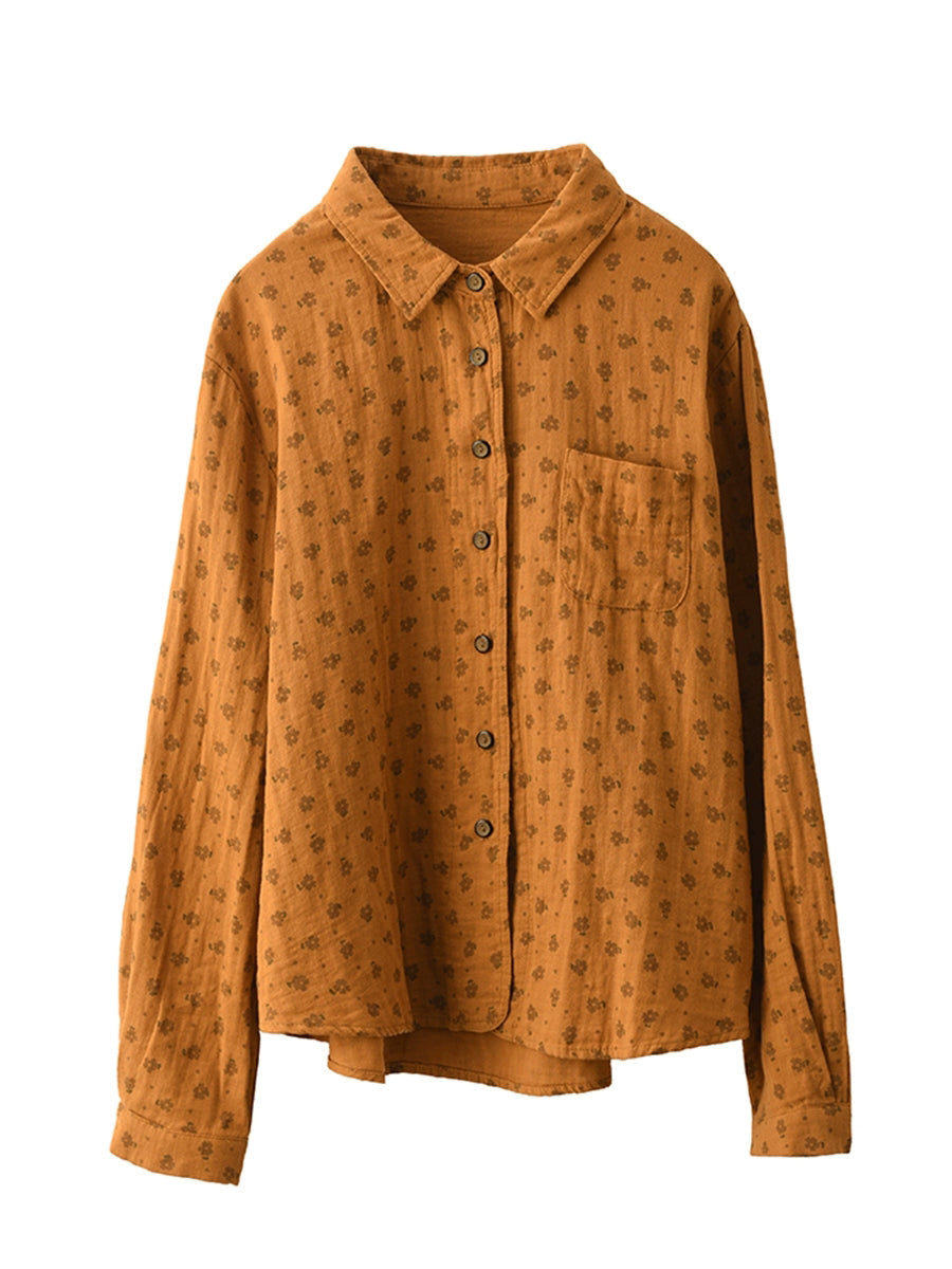 Women Autumn Vintage Floral 100%Cotton Turn-down Collar Shirt