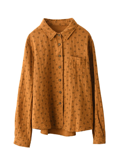 Women Autumn Vintage Floral 100%Cotton Turn-down Collar Shirt