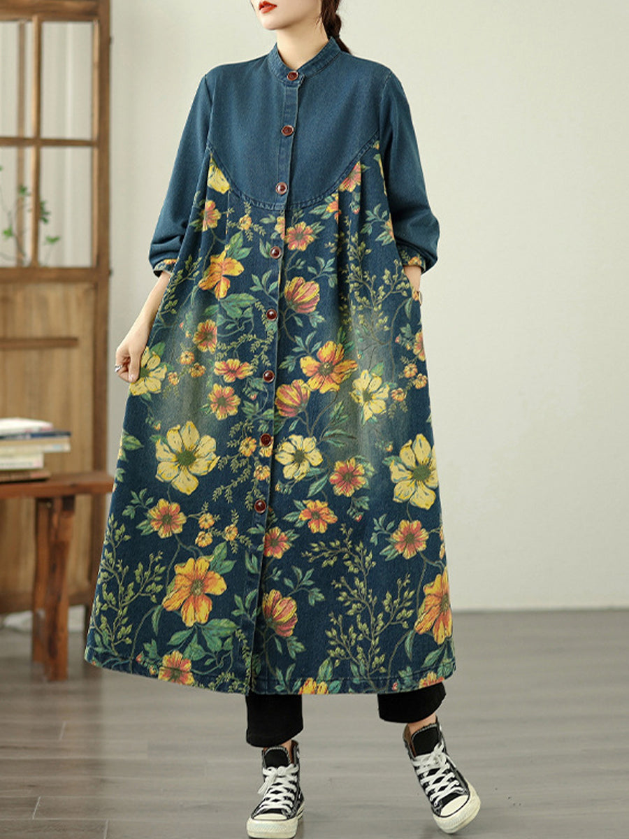 Women Autumn Denim Flower Stand Collar Coat