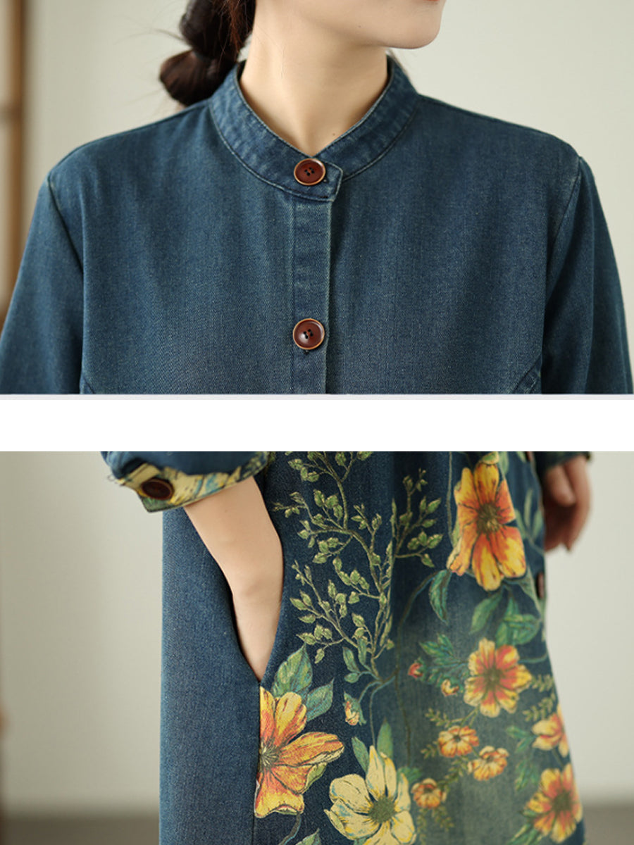 Women Autumn Denim Flower Stand Collar Coat