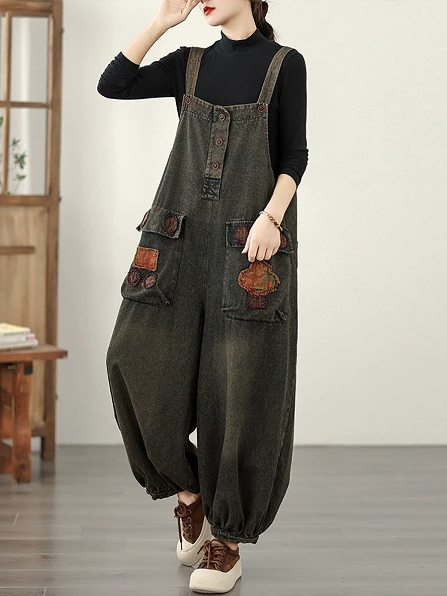 Women Autumn Retro Denim Spliced Jumpsuits