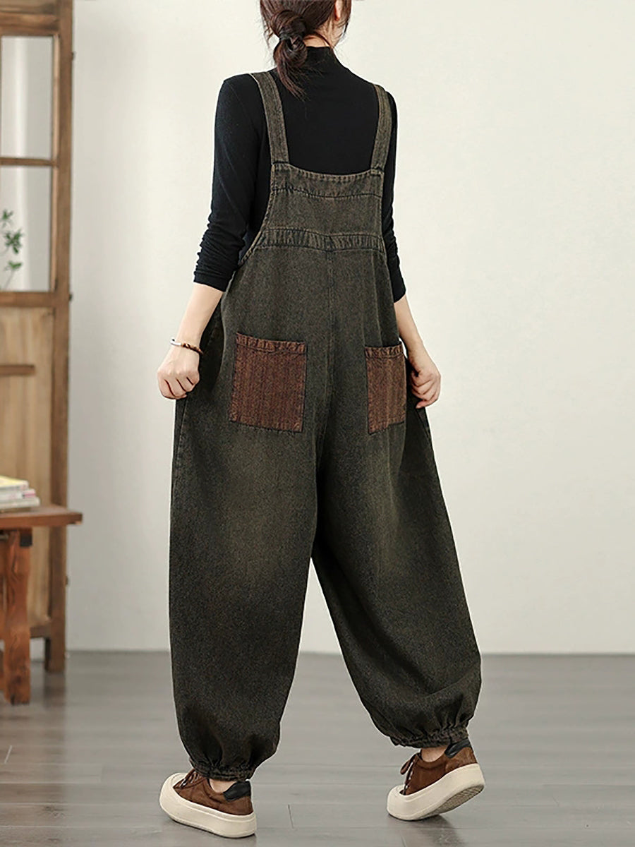 Women Autumn Retro Denim Spliced Jumpsuits