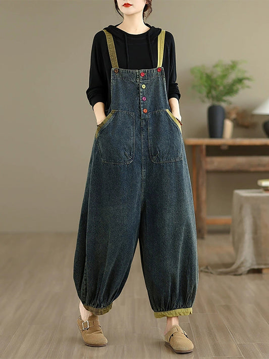 Women Autumn Artsy Colorblock Denim Jumpsuits