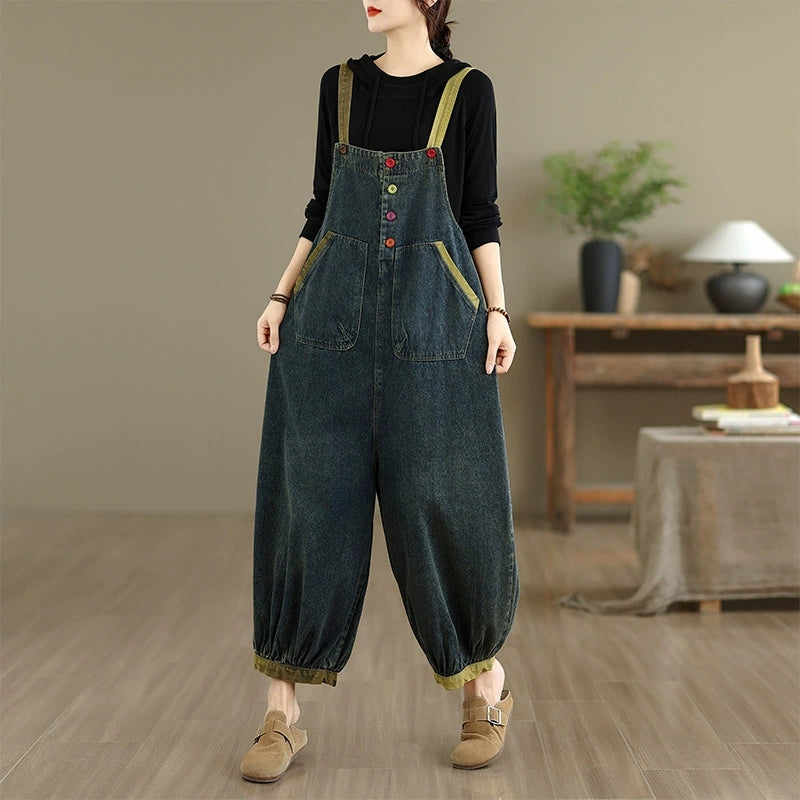 Women Autumn Artsy Colorblock Denim Jumpsuits