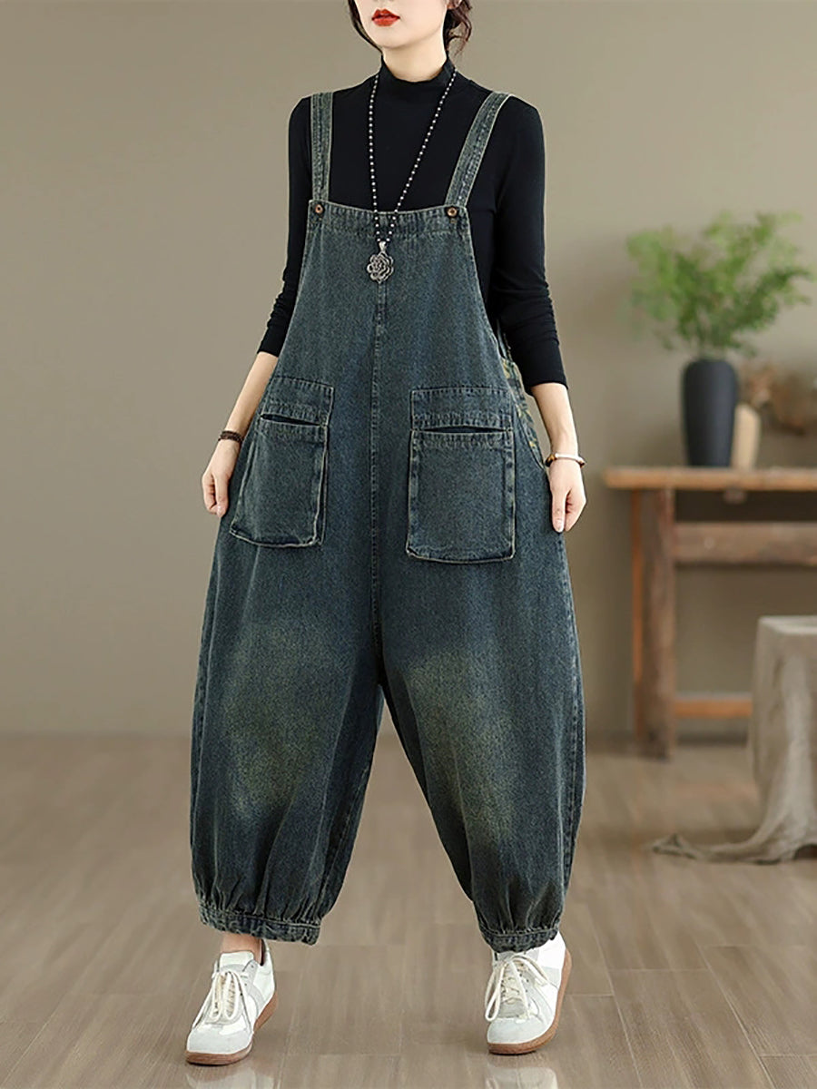 Women Autumn Casual Pure Color Denim Jumpsuits