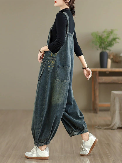 Women Autumn Casual Pure Color Denim Jumpsuits