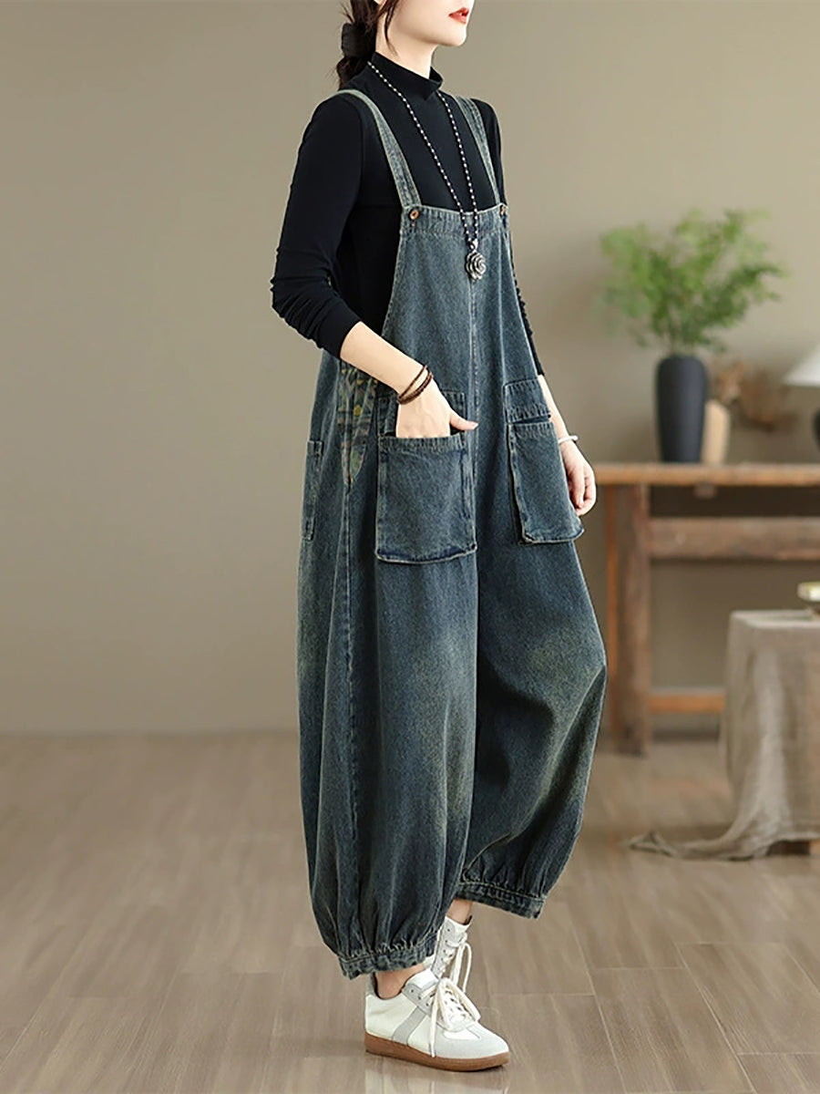 Women Autumn Casual Pure Color Denim Jumpsuits