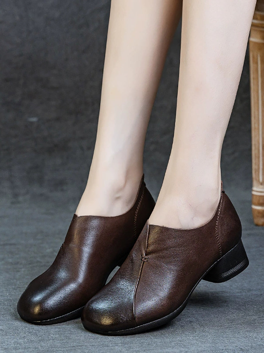Women Vintage Genuine Leather Mid Heel Shoes