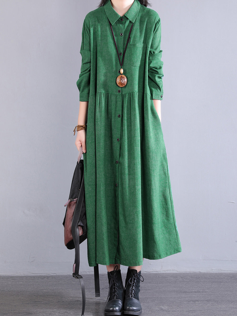 Women Autumn Pure Color Turn-down Collar 100%Cotton Dress