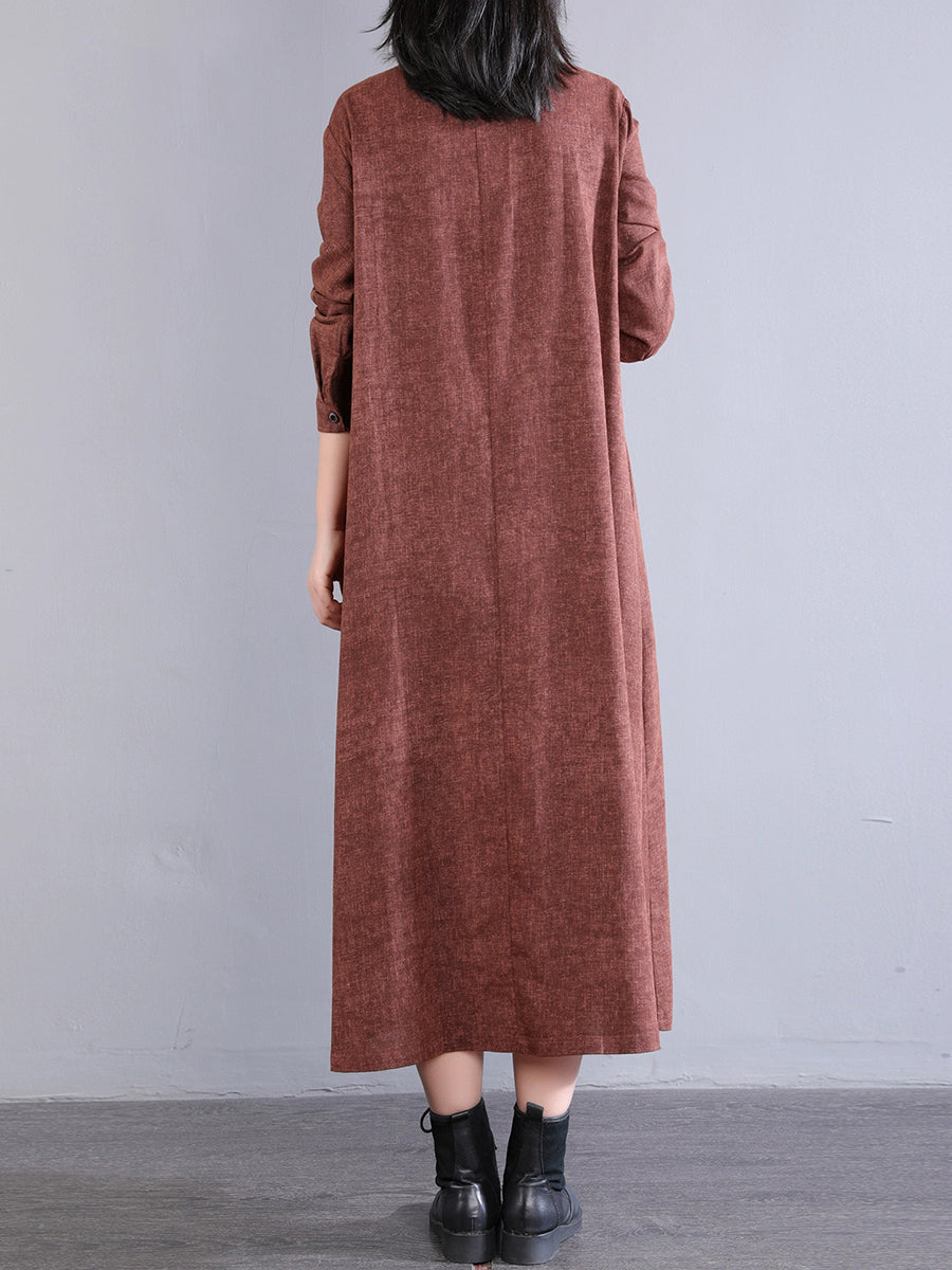 Women Autumn Pure Color Turn-down Collar 100%Cotton Dress