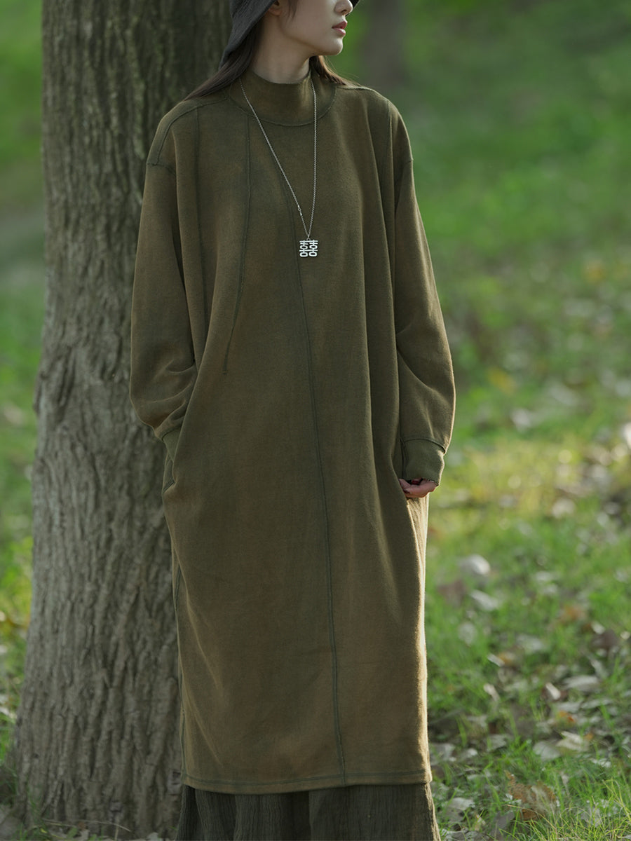 Women Autumn Casual Pure Color Stand Collar Cotton Dress