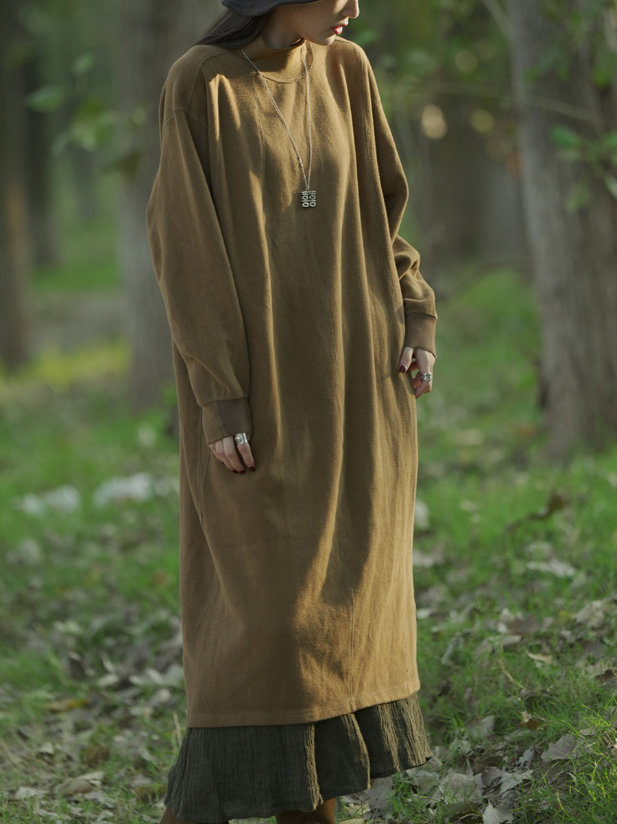 Women Autumn Casual Pure Color Stand Collar Cotton Dress