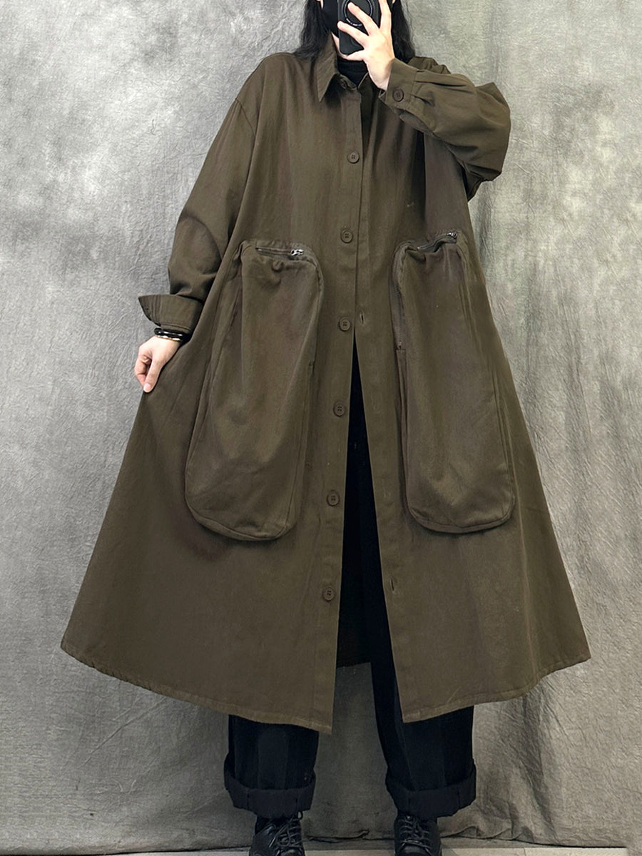 Women Autumn Pure Color Turn-down Collar Long Coat