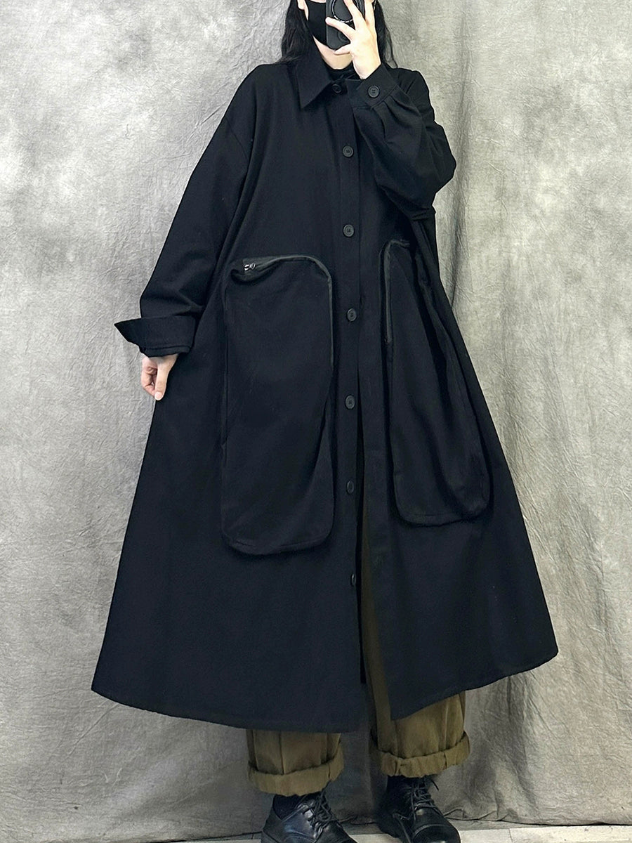 Women Autumn Pure Color Turn-down Collar Long Coat