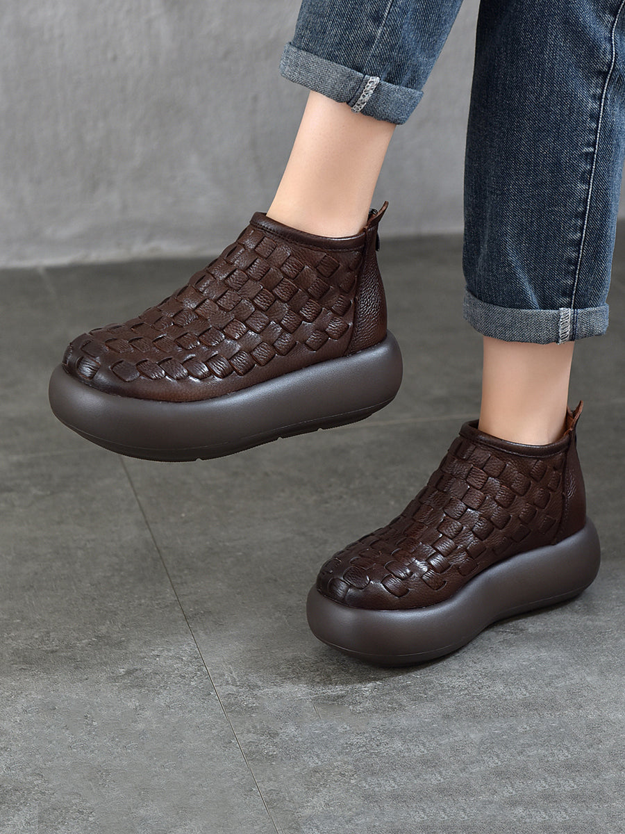 Women Vintage Leather Weave Platform Boots