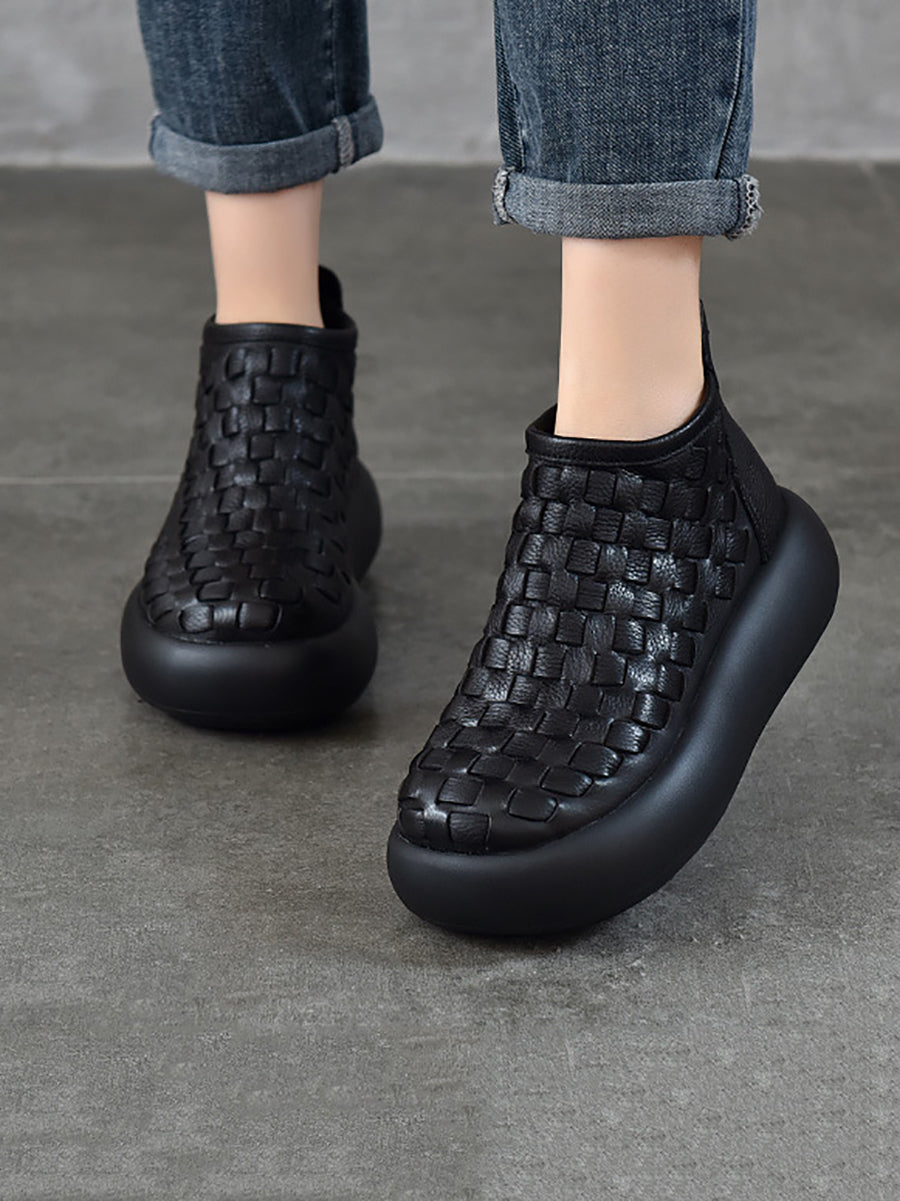 Women Vintage Leather Weave Platform Boots