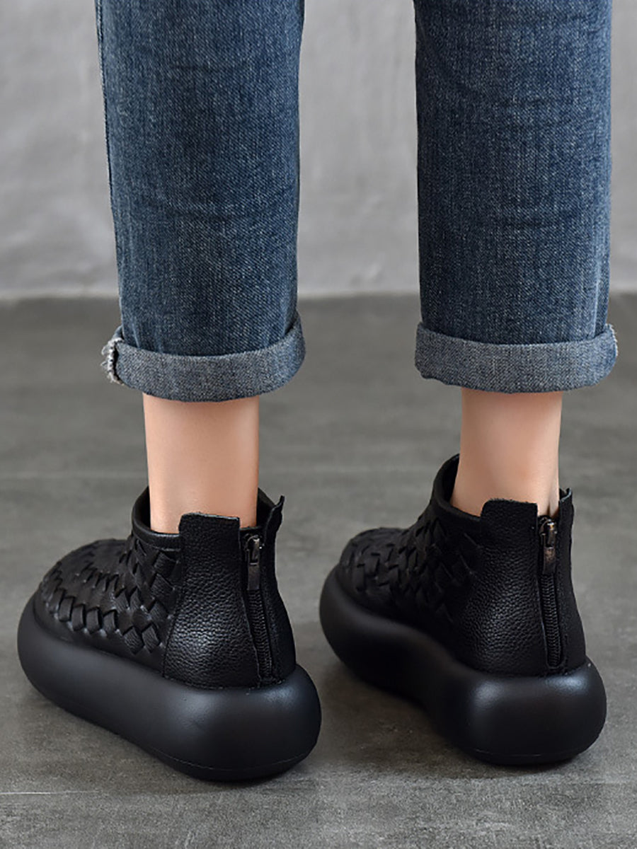 Women Vintage Leather Weave Platform Boots
