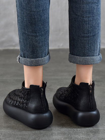 Women Vintage Leather Weave Platform Boots