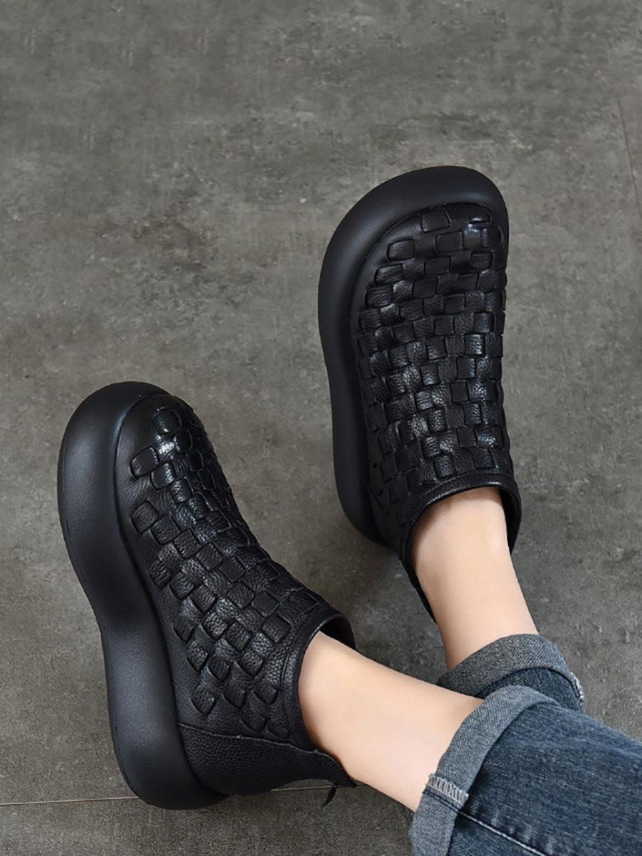 Women Vintage Leather Weave Platform Boots