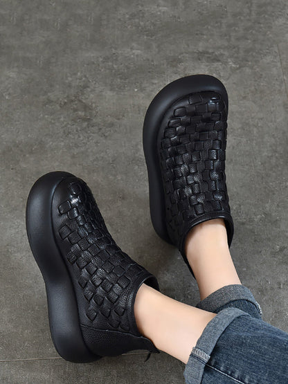 Women Vintage Leather Weave Platform Boots