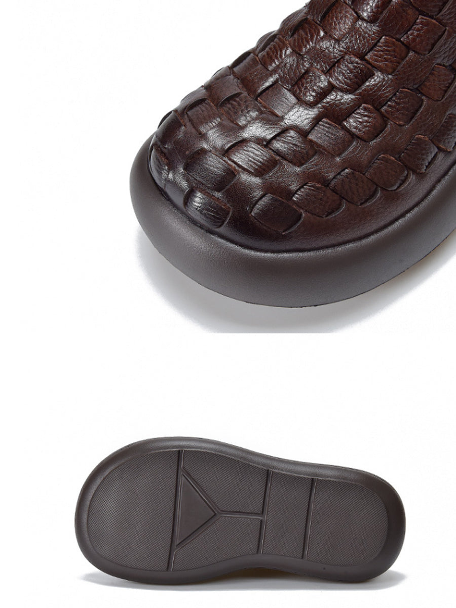 Women Vintage Leather Weave Platform Boots