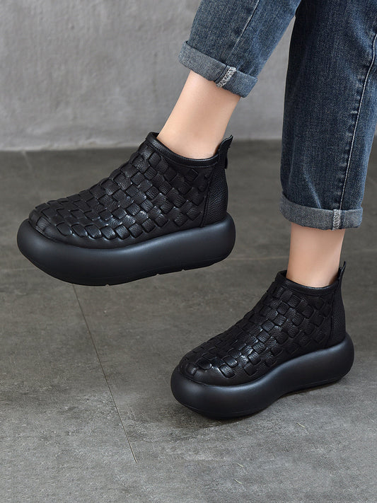 Women Vintage Leather Weave Platform Boots