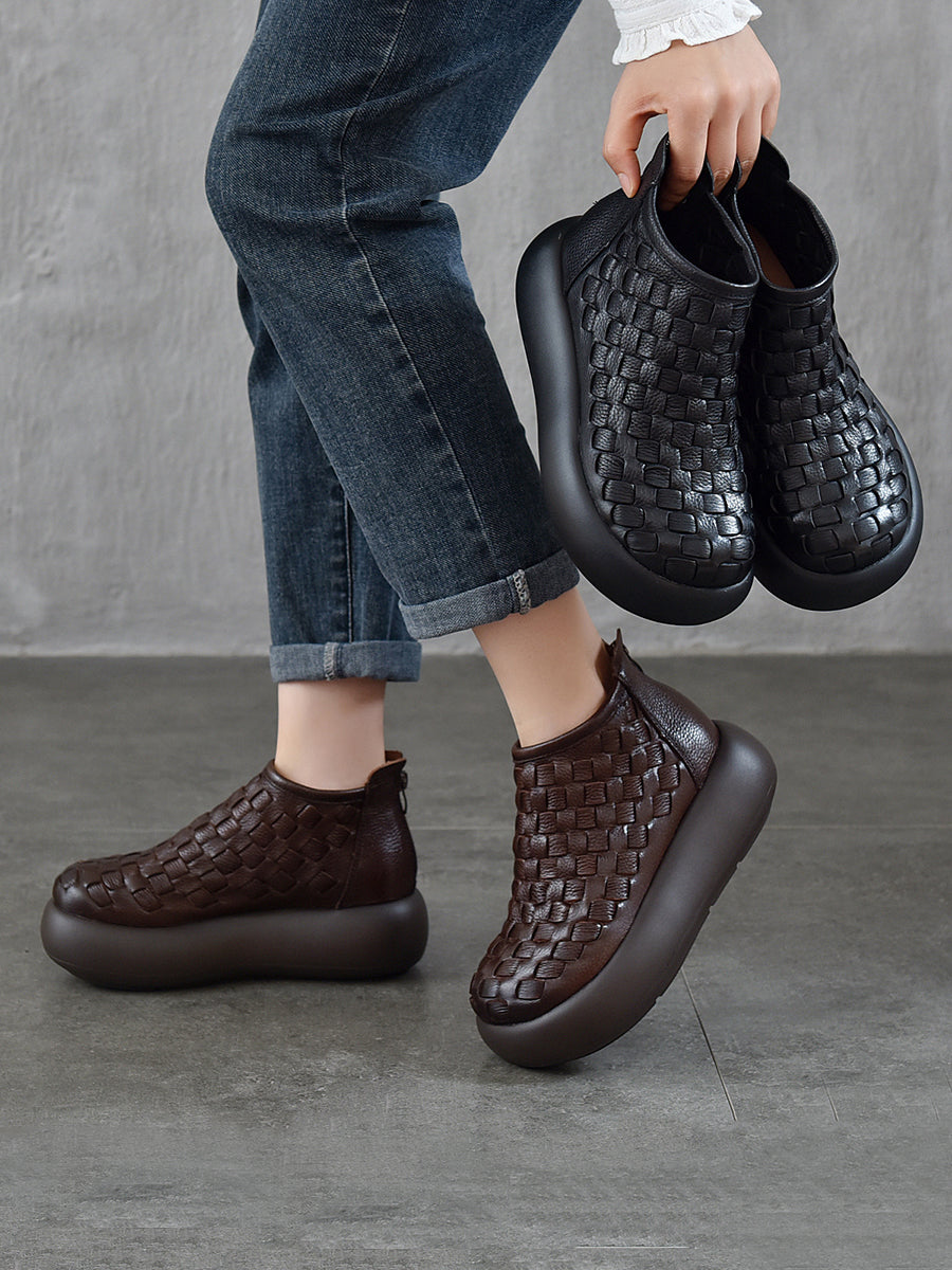 Women Vintage Leather Weave Platform Boots