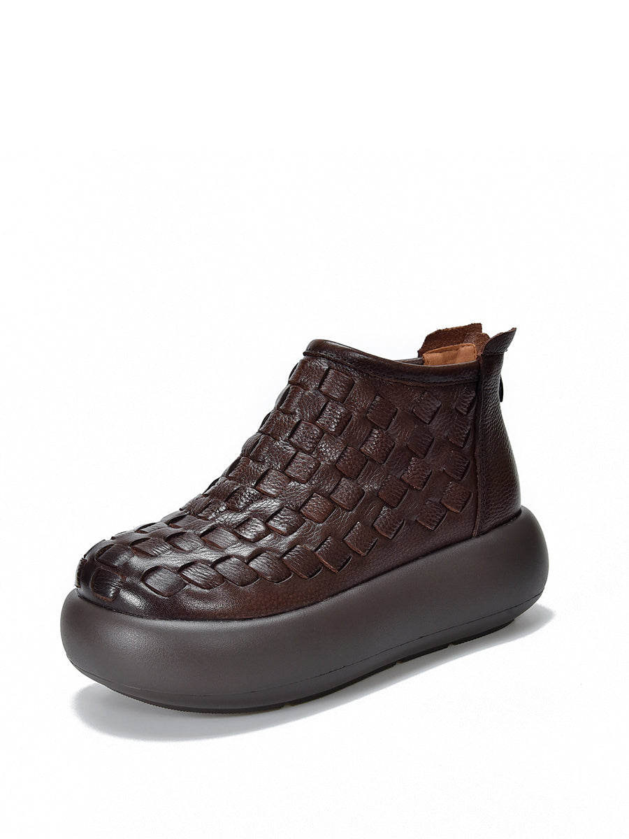 Women Vintage Leather Weave Platform Boots