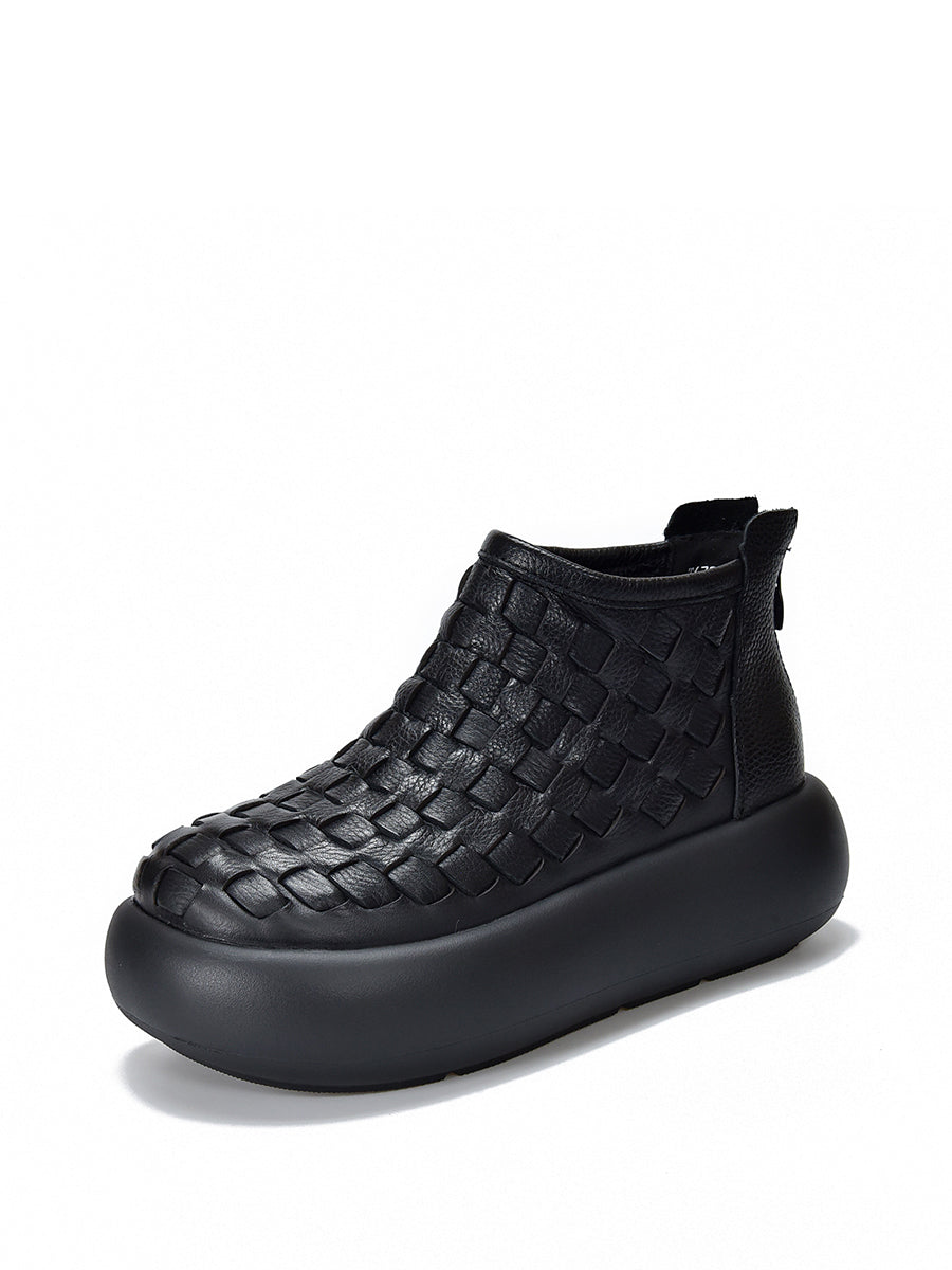 Women Vintage Leather Weave Platform Boots